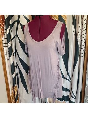 Women's Short Sleeve Top with Fringe - Soft Purple